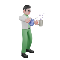 Cartoon Professional Biologist. A male biologist stands pouring a solution from a tube into a vessel, where the solution begins to react by producing bubbles that float in the air. 3D Male png