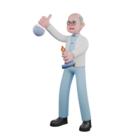 3D Illustrative Male Scientist. A male scientist is standing holding an Erlenmeyer flask in his left hand and a kerosene lamp in his right hand. Science Professional png