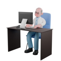 3D Cartoon Scientist Character. A male scientist sits at a desk with both hands operating a computer. Laboratory Research Model png