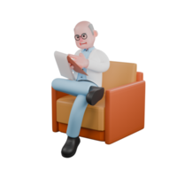 3D Male Scientist at Microscope. A male scientist sitting on a sofa holding a clipboard in his left hand and his right hand above the clipboard while pointing. Research Development Cartoon png