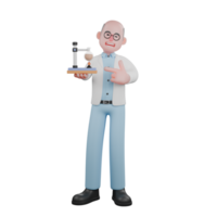 3D Model of Cartoon Scientist. A male scientist stands demonstrating a chemistry experiment using laboratory apparatus consisting of a Bunsen burner and a glass beaker. Experimental Science Expert png