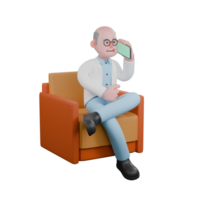 Professional Scientist 3D Cartoon. A male scientist sits on a sofa holding a cellphone in his right hand and his left hand is in front of his bod. Male Laboratory Manager png