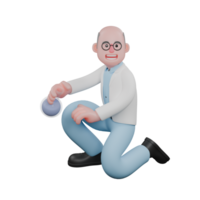 Scientist's Daily Lab Work in 3D. A male scientist is squatting while carrying a measuring flask. Male Cartoon png