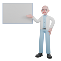 3D Cartoon Scientific Specialist. A male scientist standing next to a presentation board with his left hand pointing to the board with his palm facing up. Physics Research Scene png