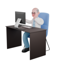 3D Male Scientist in Action. A male scientist is sitting on his desk chair with a monitor screen in front of him and his hand is stroking his cheek. Professional Science png