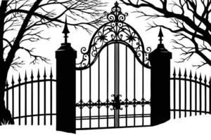 gothic gate with a black and white silhouette vector