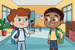 two boys talking in a classroom with a classroom full of students vector