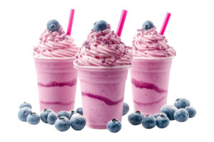 Three cups of pink and blueberry smoothies with straws png