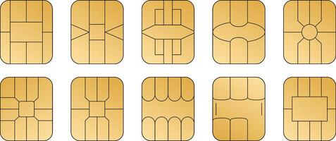 EMV chip golden icons. Set line nfc symbol. Contactless payment at terminals and ATMs. Square computer microchips for credit debit cards. vector