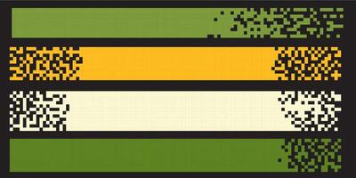 Pixel banner. Header, footer color layout with mosaic edges. Horizontal title tags with pixels. Labels pixelated decoration advertising elements. Rectangular dotted shapes isolated set vector