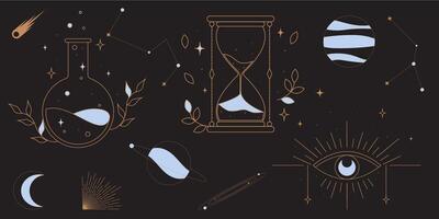 mystic celestial set a with golden outline sand clock, eye, bottle and moon phases. Black occult shiny linear labels with a magical frame stylized as engraving vector