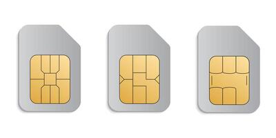 Set of sim cards. ID card mockup template. Realistic illustration for design. Mobile cellular phone. Sign, symbol, icon or logo isolated on background. EMV gold chip. Concept of technology. vector