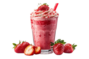 A strawberry milkshake with whipped cream and strawberries png
