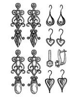 Women's jewelry earrings. Vintage handmade decorations. Antique Vintage gold fancy articles or bijouterie. Long earrings sketch. Engraved monochrome elements. Earrings icons set vector
