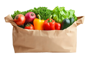 Paper shopping bag filled with vegetables isolated on transparent background. png