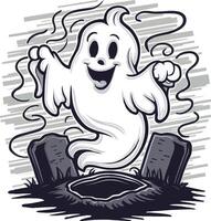 A cartoon ghost with a grave in the background vector
