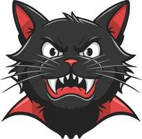 A cartoon black cat with fangs and red eyes vector