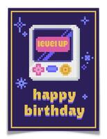 Pixel Art Birthday Postcard, 8 Bit Game Console vector