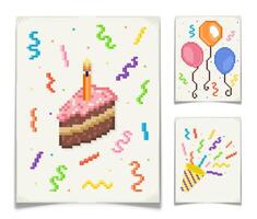Pixel Art Birthday Postcard Set, 8-Bit Retro Style vector