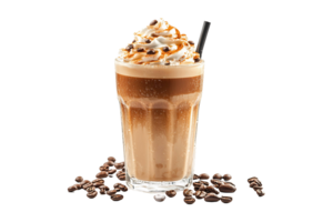 Iced coffee in a tall glass with cream swirling isolated on transparent background. png