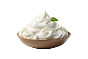 A bowl of whipped cream with a leaf on top png