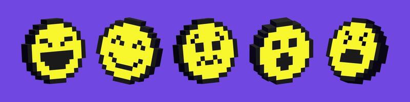 Set of 3d smile icons. Pack of pixelated emoji icons. Emoticons pixel art. 8-bit retro illustration. vector