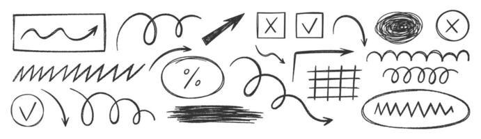 Set of hand drawn crayon or charcoal arrows and squiggles. Grunge grid and frame. Comic illustration. vector