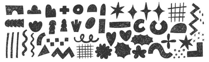 Set of hand drawn crayon or charcoal funky shape. Flower, star, cross, zigzag, arrow, heart with chalk texture. Grunge illustration. vector