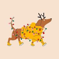 A cute dog wrapped in a Christmas garland. Merry Christmas vector