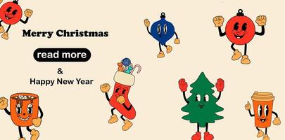 Web page design template. Merry Christmas retro collection cartoon mascot characters vector