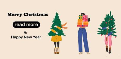 Web page design template. Girls that are carry christmas tree. vector