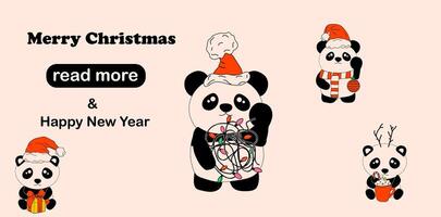 Web page design template. Panda with decoration christmas. vector