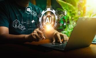 Businessman Interacting with AI Technology Interface on Laptop, Illustrating Artificial Intelligence Integration in Modern Business Operations, Digital Innovation, and Advanced Computational Systems photo