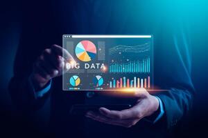 Businessman Analyzing Big Data Analytics on Virtual Screen with Graphs and Charts, Representing Data Science, Technology, and Business Intelligence Solutions for Decision Making, Performance Insights photo