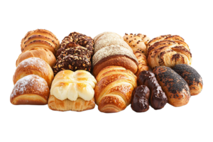 Homemade pastries and breads arranged isolated on transparent background. png
