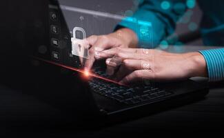 Businessman Engaging in Cybersecurity Measures on Laptop, Business in the Digital Age, Tech Security Online Privacy Smart Security Software Global Network Protection Digital Business Security photo