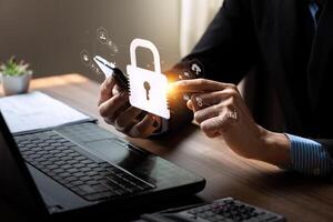 Businessman Engaging in Cybersecurity Measures on Laptop, Business in the Digital Age, Tech Security Online Privacy Smart Security Software Global Network Protection Digital Business Security photo
