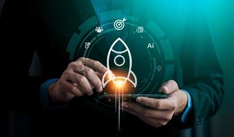 Businessman Launching AI-Powered Startup with Digital Interface, Emphasizing Technological Advancement and Entrepreneurial Success, Global tech startup innovates to connect photo