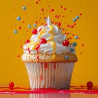 Photo of a cupcake with solid colors in background
