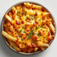 Photo of a cheese fries plate with white background