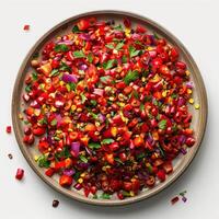 Photo of a red chilli salad plate with white background