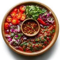 Photo of a red chilli salad plate with white background