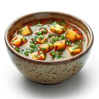 Photo of a miso soup with white background