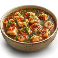 Photo of a wonton soup plate with white background