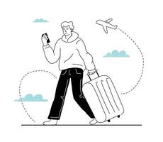 A doodle man walking with a suitcase and a phone in his hand at the airport. The concept of a lone traveler. vector