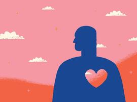 The silhouette of a man with an empty heart, a metaphor of loneliness, psychological trauma, a conscious life without a partner. Textured illustration. vector