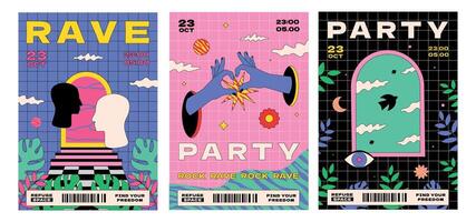 A set of abstract surreal posters for a rave party. Artworks template with a grid, silhouettes of a human profile, hands, arches, birds. vector