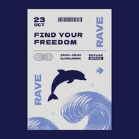 A techno poster with a minimalistic design with a silhouette of a dolphin swimming on the waves. The cover template with the aesthetics of brutalism, y2k. vector