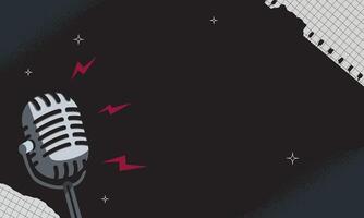 Black and white background illustration with retro microphone, with torn checkered pieces of paper. A template for a banner, an announcement. vector