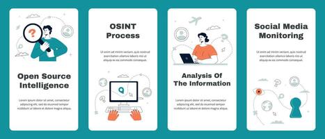 A collection of storis layout designs with illustrations on the OSINT theme. A man with a giant magnifying glass, a woman is looking for information on the Internet. vector